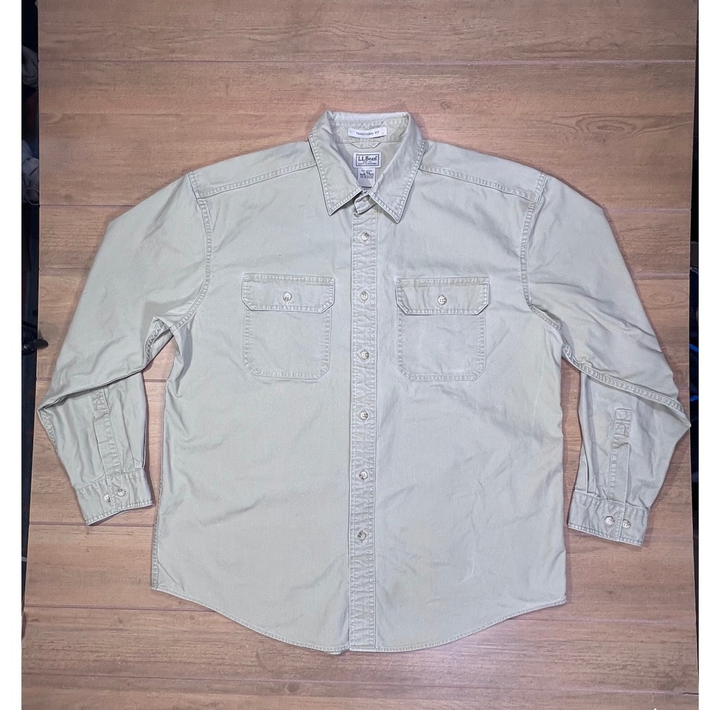 LL Bean Men L Traditional Fit vintage field Long Sleeve Button Up‎ Shirt Khaki